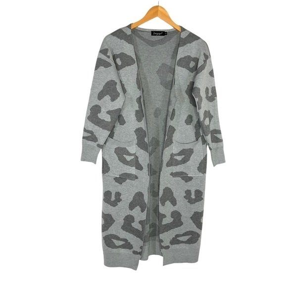 Kuiyige Womens Animal Print long Cardigan Sweater Size Small Gray Tight Knit - Picture 1 of 7